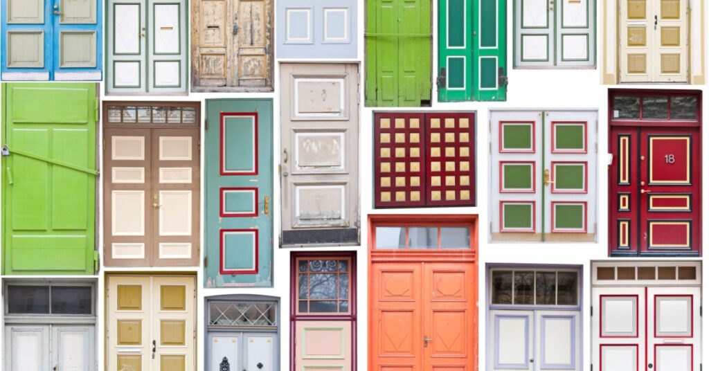 différents styles de portes d'entrée réunis dans un montage photo montrant l'étendue du choix en matière de couleurs, matériaux,... pour les portes d'entrée