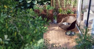 petite terrasse avec plancher en bois et plantes vertes grimpantes
