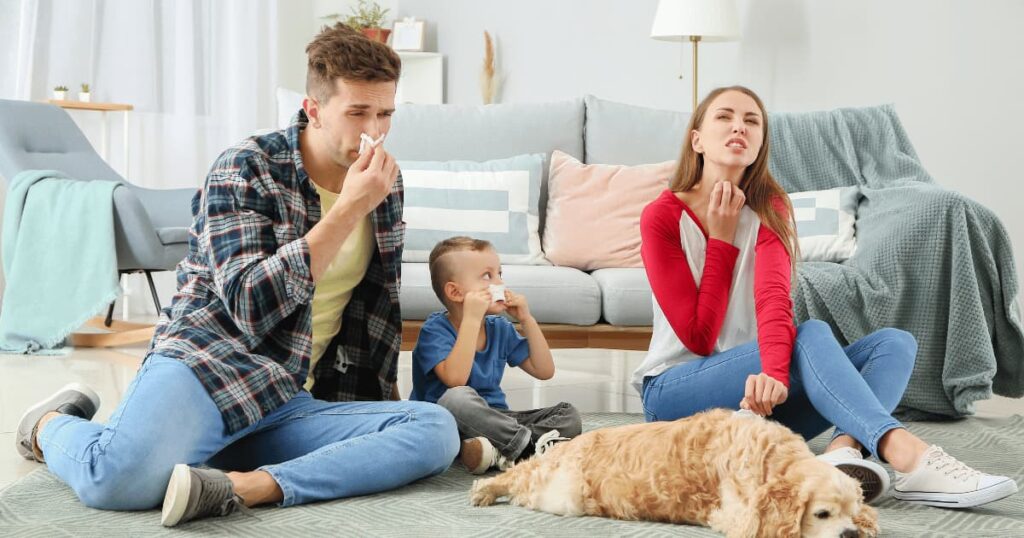 une famille qui se mouche dans le salon à cause d'allergies