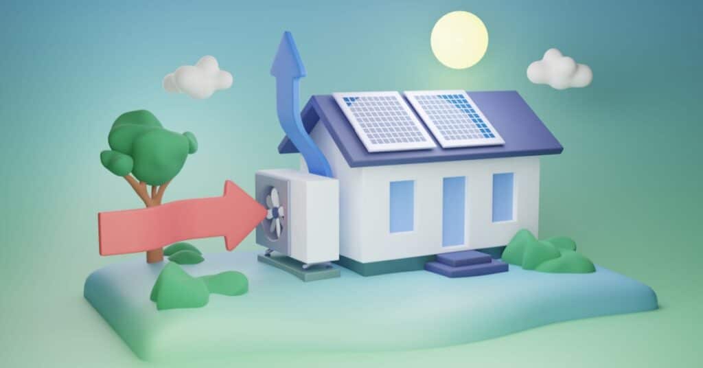 illustration d'une maison avec jardin combinant pompe à chaleur air-air et panneaux solaires