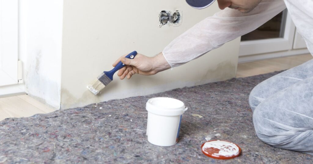 Professionnel en train d'enduire la base d'un mur de peinture anti-humidité