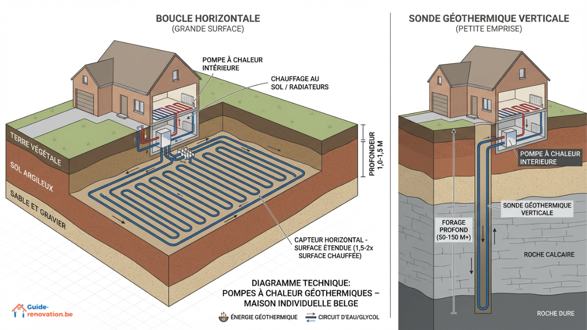 Coupe transversale montrant une maison belge avec deux configurations : à gauche, captage horizontal (tuyaux à 1-1,5m de profondeur sur grande surface) ; à droite, captage vertical (forage profond, emprise minimale). Indiquer les profondeurs et surfaces requises.