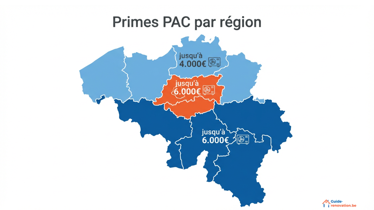 Carte de la Belgique qui illustre les montants maximaux des primes pour pompe à chaleur