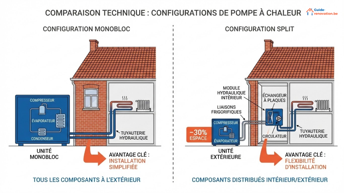 Deux schémas simplifiés côte à côte : configuration monobloc (tous composants dans unité extérieure, liaison hydraulique vers maison) vs split (unité extérieure compacte + module hydraulique intérieur). Indication "30% moins d'espace" pour le split.