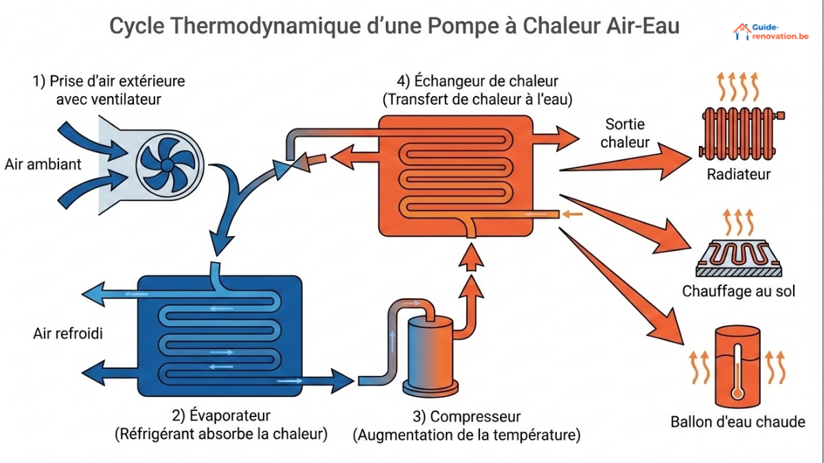 Schéma du cycle thermodynamique montrant les 4 étapes : captation de l'air extérieur → évaporateur avec fluide frigorigène → compresseur (élévation de température) → échangeur thermique → distribution vers radiateurs/plancher chauffant/ballon ECS. Flèches directionnelles indiquant le flux.