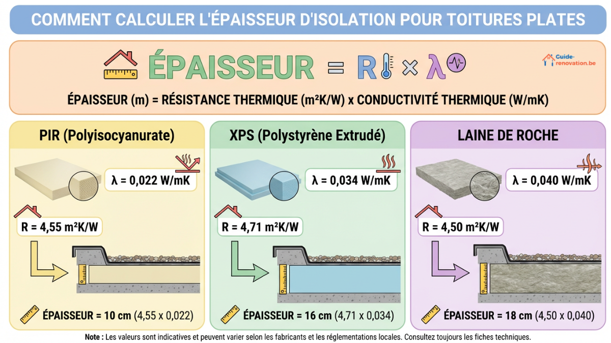 Infographie pédagogique illustrant comment calculer l'épaisseur d'isolant pour une toiture plate. La formule "Épaisseur = R × λ" est affichée visuellement, accompagnée d’exemples comparatifs : PIR (10 cm), XPS (16 cm), laine de roche (18 cm), avec leurs valeurs R respectives.