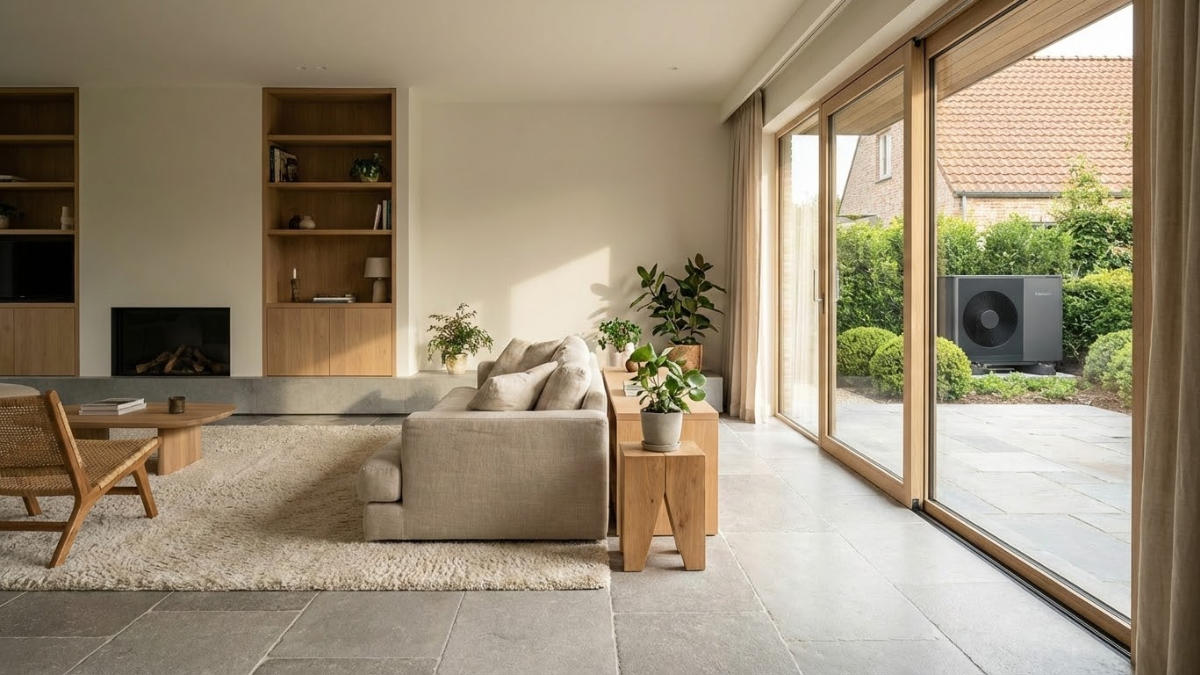 Intérieur moderne d'une maison belge avec sol apparent (carrelage ou parquet) sans radiateurs visibles, vue sur le jardin où l'on aperçoit l'unité extérieure de la PAC. Ambiance confortable, lumière naturelle.