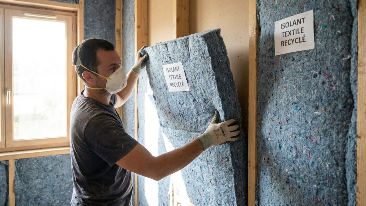 Un homme en train d'isoler les murs avec du coton recyclé