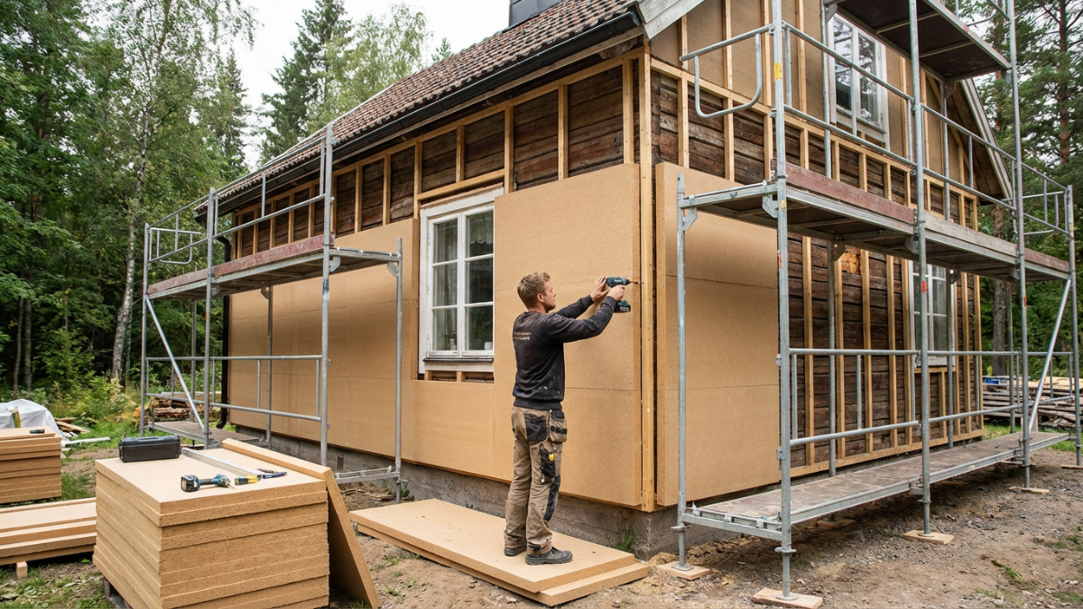 un homme en train d'isoler la façade d'une maison avec de la fibre de bois
