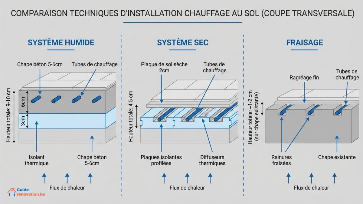 Trois coupes côte à côte montrant : 1) Système humide avec chape de 5-6 cm, 2) Système sec avec plaques isolantes préformées, 3) Fraisage dans chape existante. Indiquer les épaisseurs totales et la hauteur de rehaussement du sol.