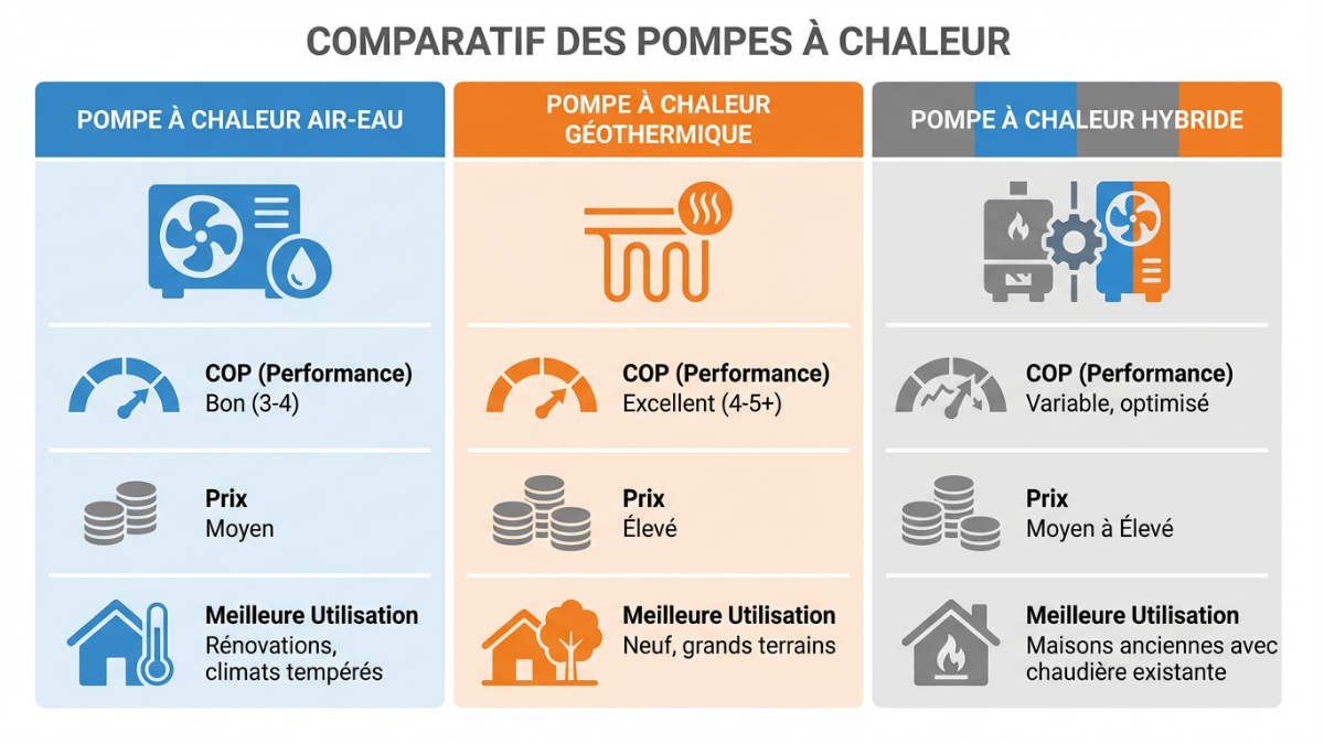 Infographie comparant les types de pompes à chaleur pour maisons anciennes.