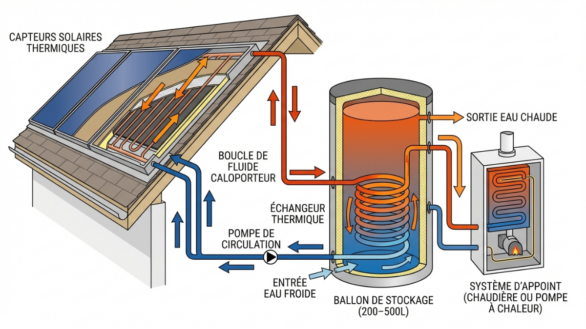 Schéma en coupe du circuit solaire thermique complet avec ses 5 composants et le flux de chaleur