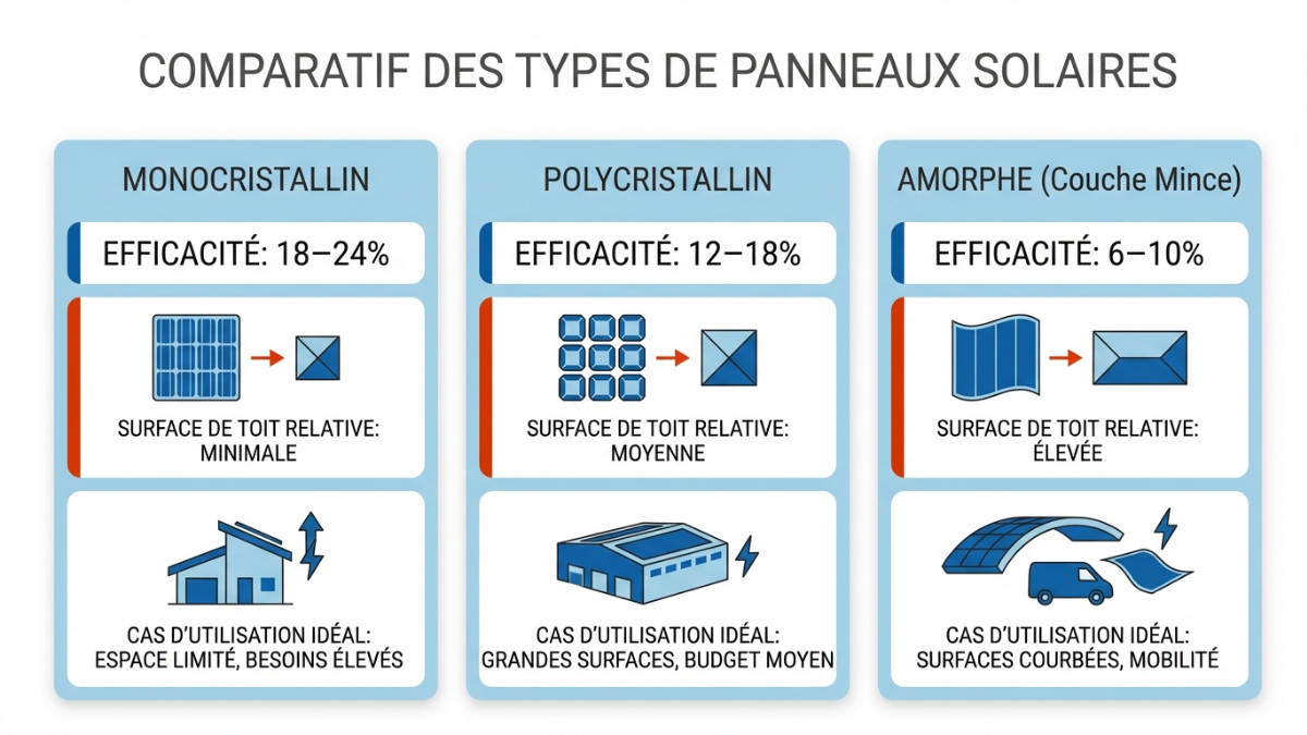 Comparaison monocristallin / polycristallin / amorphe avec rendement, surface nécessaire et cas d'usage idéal