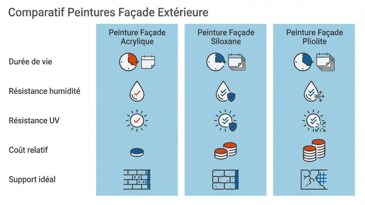 Tableau comparatif des 3 types : critères = durée de vie, résistance humidité, résistance UV, prix relatif, support idéal