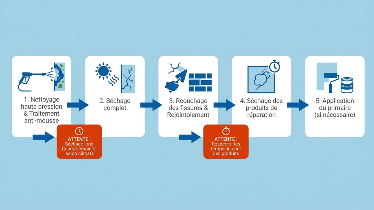 5 étapes de préparation + application, avec indication du temps d'attente entre les étapes clés