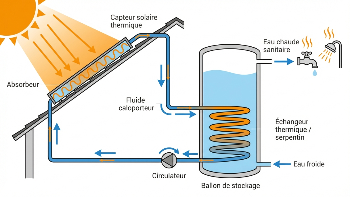 : capteurs sur toit → circulateur → ballon avec serpentin → retour vers capteurs. Composants étiquetés : capteur solaire thermique, absorbeur, fluide caloporteur, circulateur, échangeur thermique (serpentin), ballon de stockage, eau sanitaire (sortie robinet/douche)