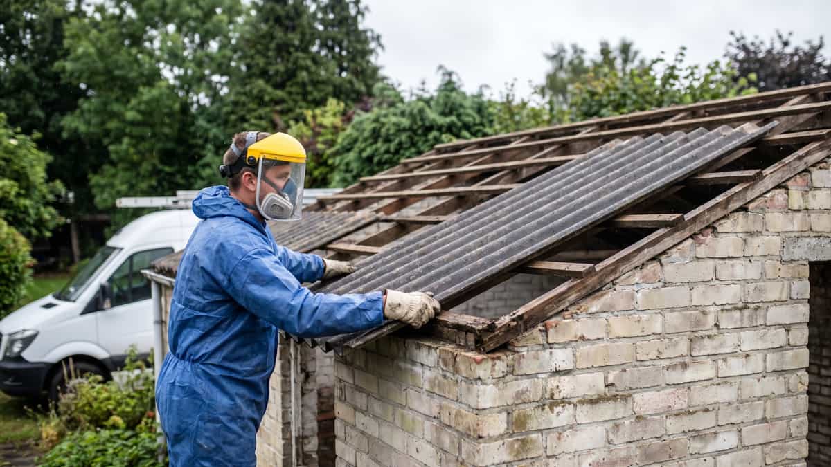 Un ouvrier en combinaison bleue et masque respiratoire complet avec visière jaune soulève une plaque ondulée en fibrociment du toit partiellement démonté d'un petit abri en briques claires dans un jardin verdoyant sous un ciel couvert.