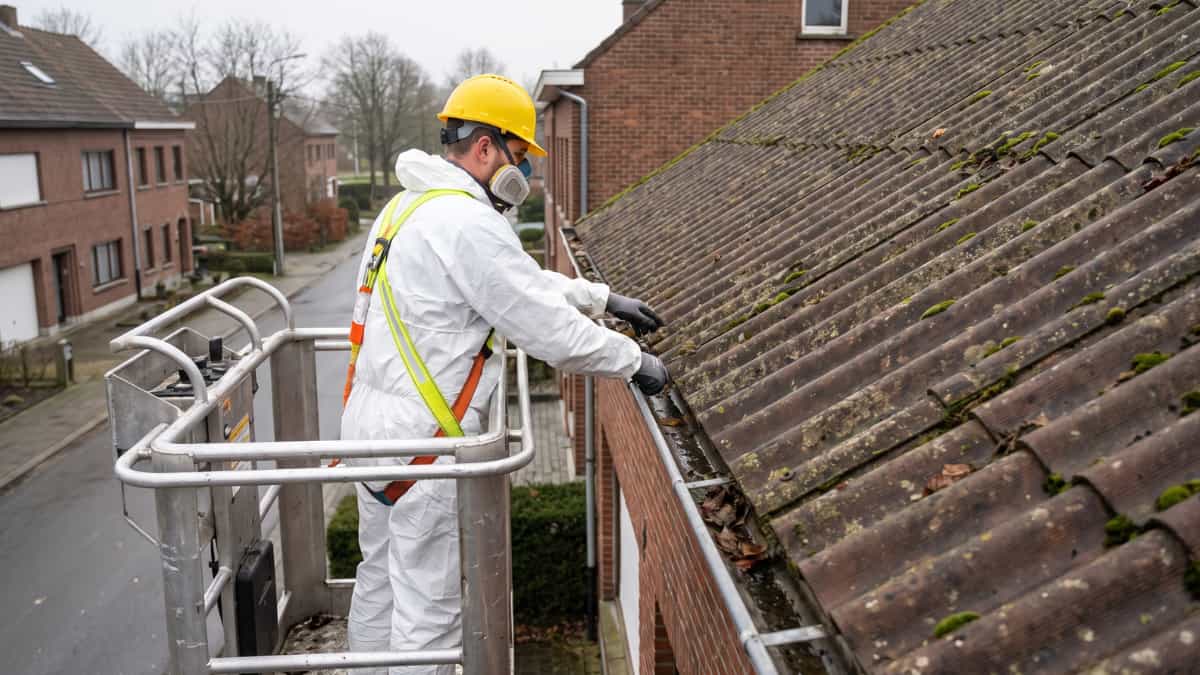 Un ouvrier en combinaison blanche, casque jaune, lunettes de protection et masque respiratoire se tient sur la plateforme d'une nacelle élévatrice et travaille au bord d'un toit en plaques ondulées recouvertes de mousse et de lichens dans une rue résidentielle bordée de maisons en briques sous un ciel gris couvert.