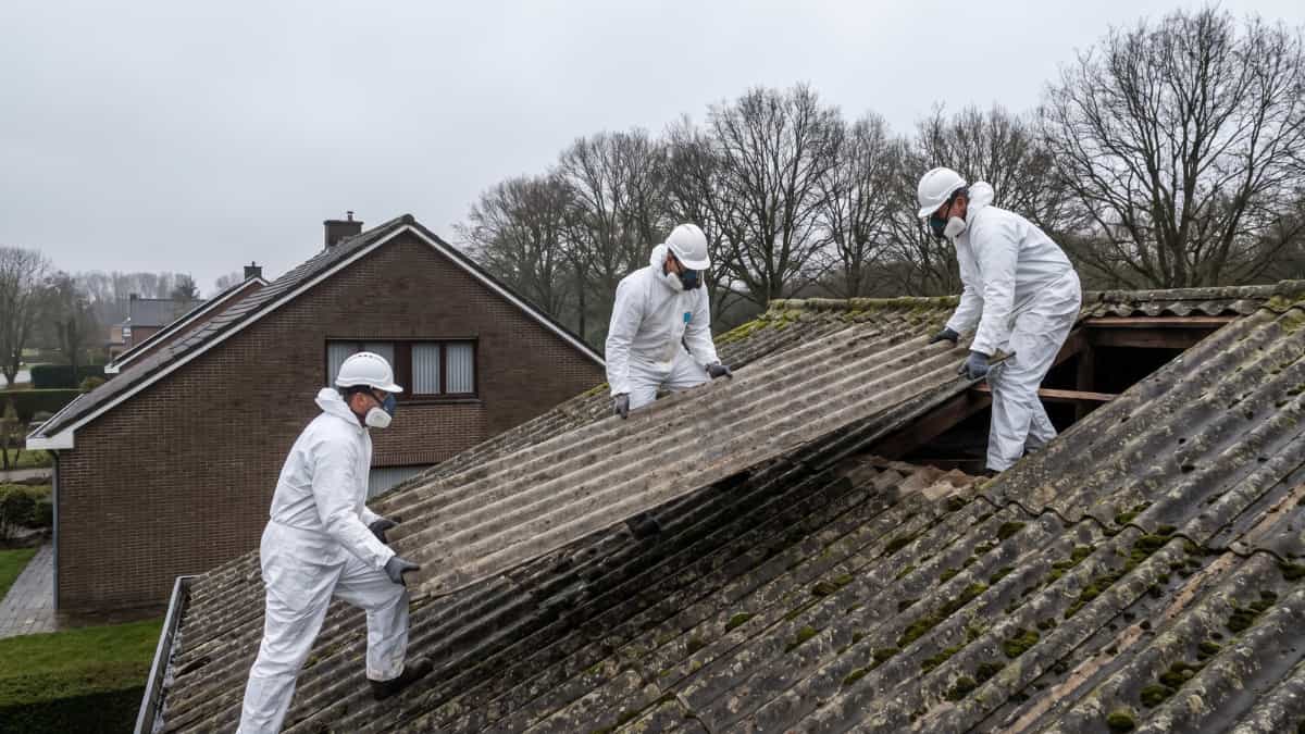 Trois ouvriers en combinaison blanche, casque blanc et masque respiratoire soulèvent ensemble une grande plaque ondulée en fibrociment d'un toit recouvert de mousse dans un quartier résidentiel sous un ciel gris couvert.